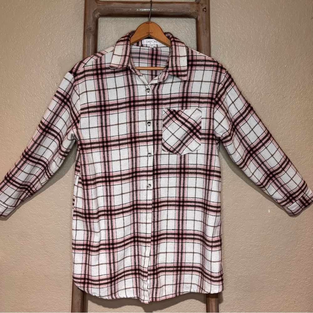 Eden & Olivia Pink Plaid Button Front Shirt Shacket Top | Maternity Friendly